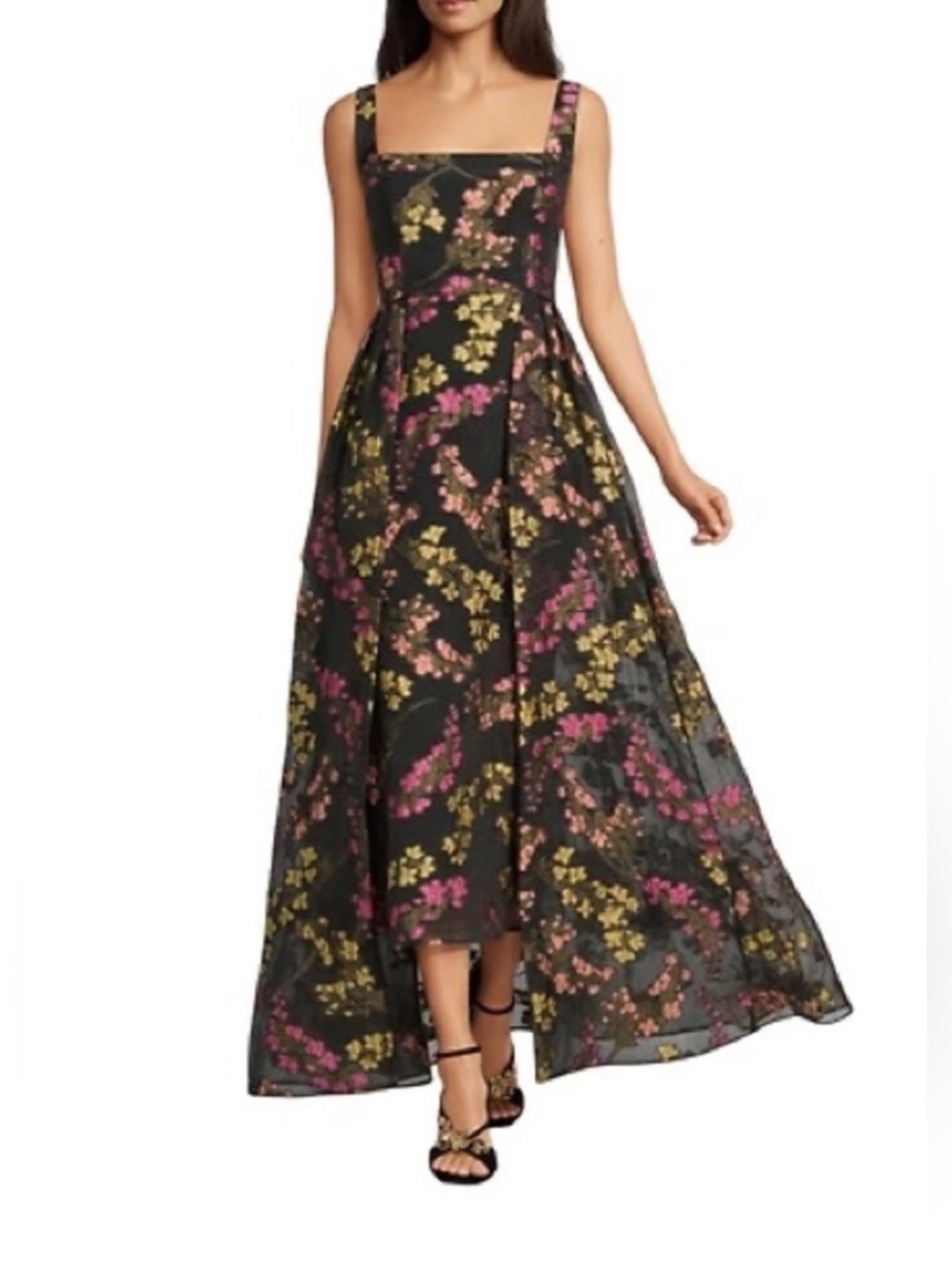 Alex Marie Black High-Low Floral Evening Dress with Pink & Yellow Blossoms